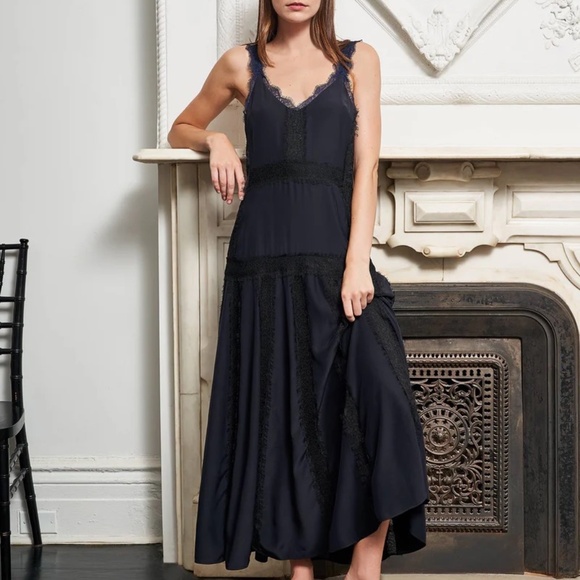 La Ligne Maggie Lace-trimmed Silk-georgette Maxi Dress In Midnight Blue - Picture 7 of 12